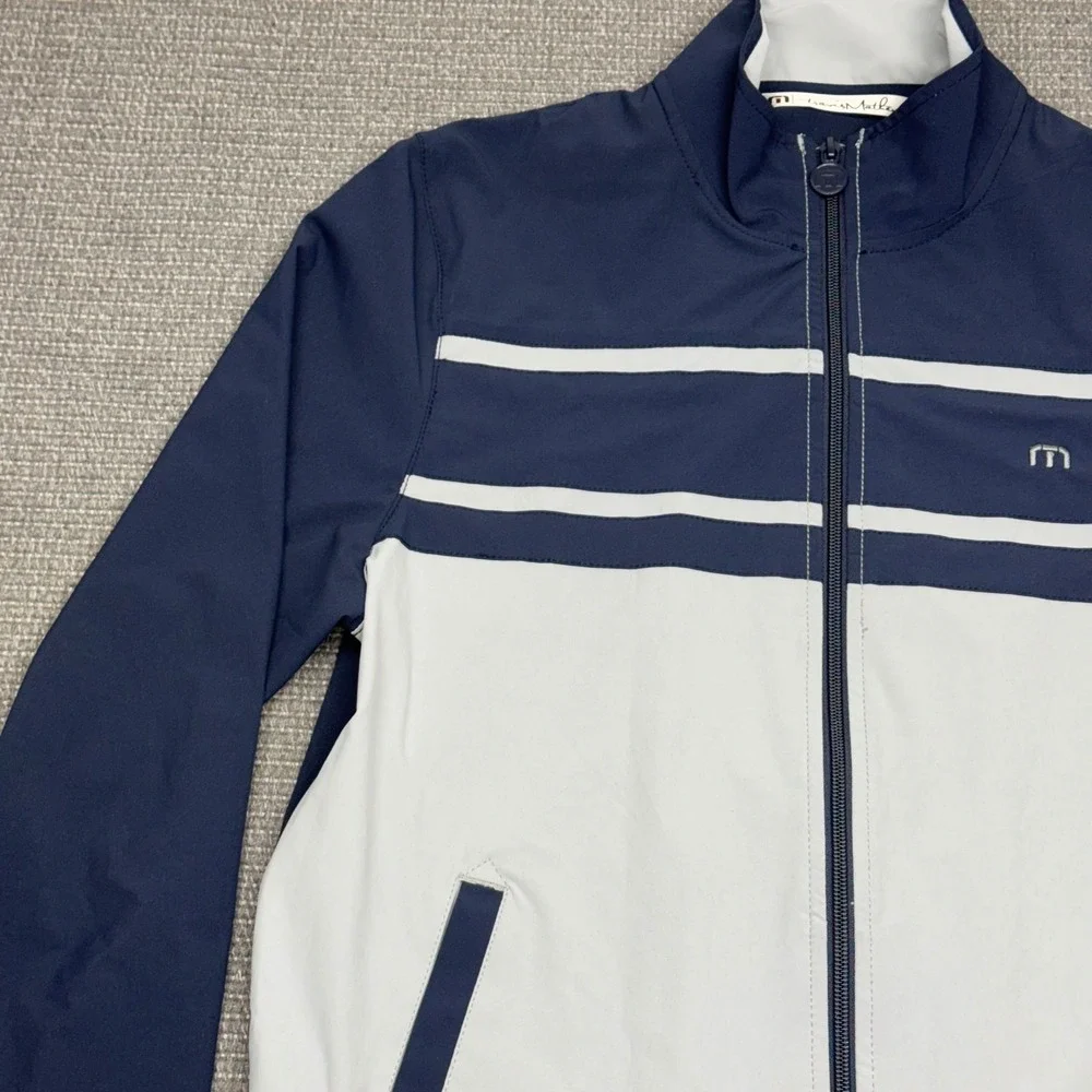 TravisMathew Mens Full Zip Track Jacket Navy Grey Striped Performance Size M‎